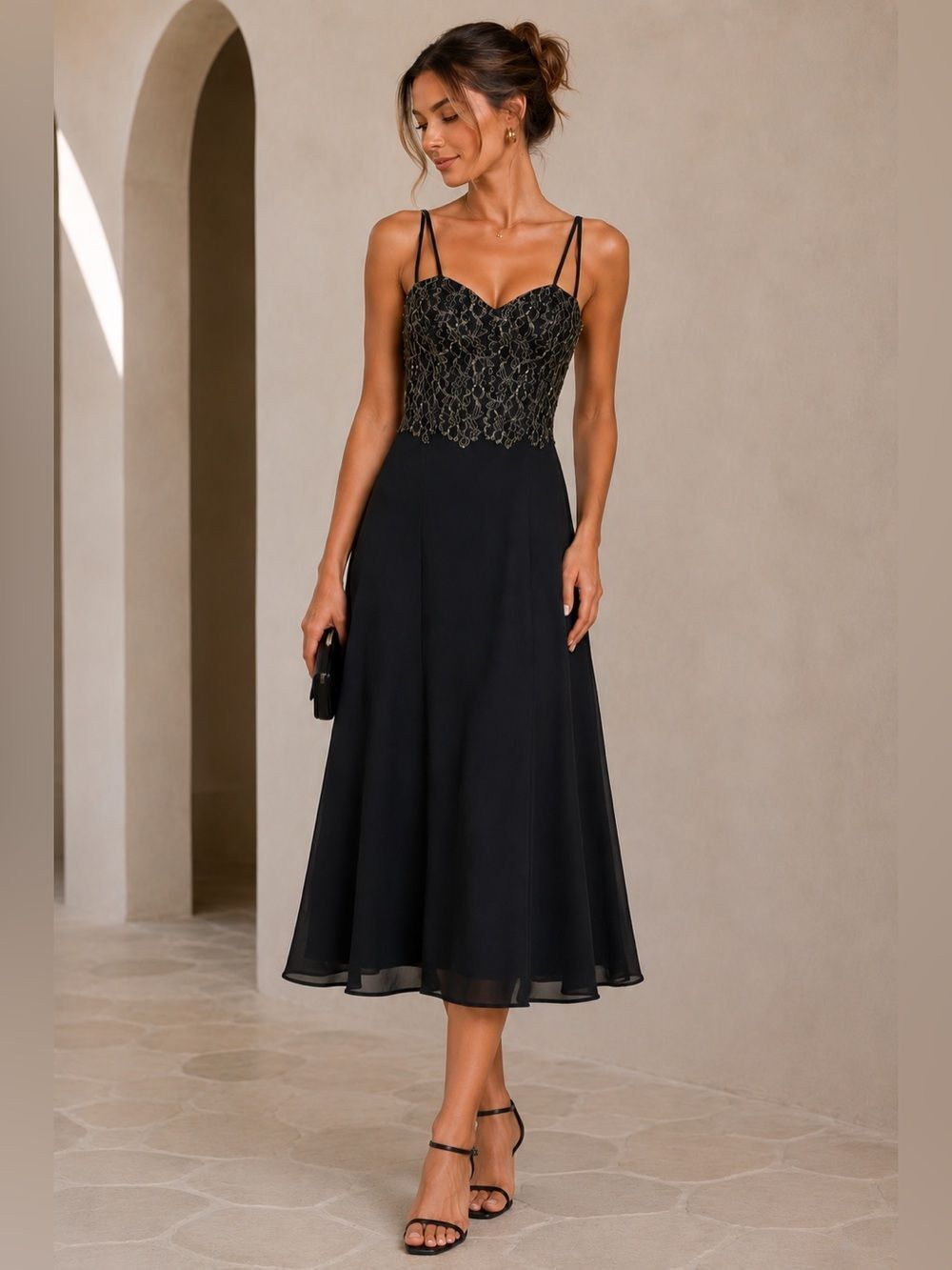 Women’s Evening Cocktail Dress Lace Golden Trim Spaghetti Strap Lined Sz L *Note